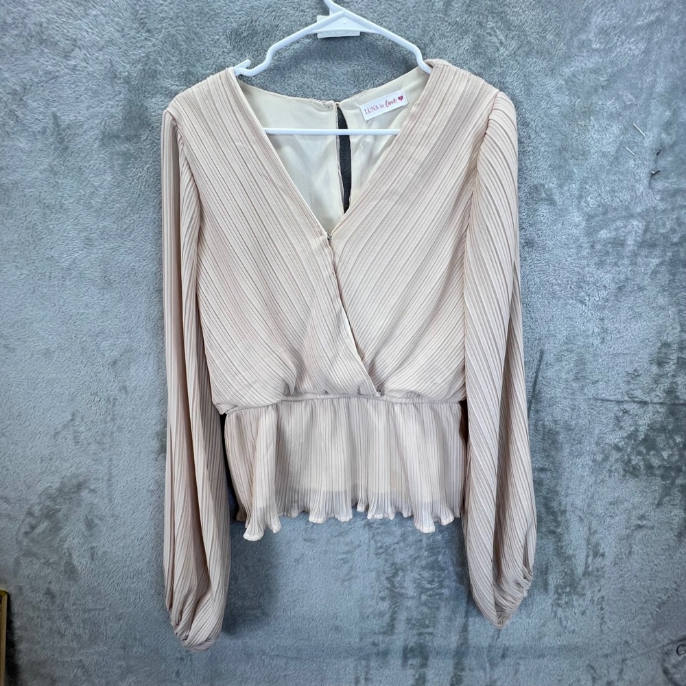 Romantic Peach Pleated L Flowy Balloon Sleeve Peplum Coquette Soft Girl Blouse